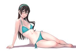 Rule 34 | 1girl, arm support, bare arms, bare legs, bare shoulders, barefoot, bikini, black hair, blush, breasts, full body, glasses, green eyes, hairband, highres, kantai collection, long hair, looking at viewer, multiple girls, ooyodo (kancolle), parted lips, semi-rimless eyewear, simple background, small breasts, smile, solo, string bikini, swimsuit, white background, yuuji (and)