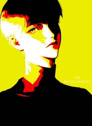 1boy black_hair black_sweater blonde_hair closed_mouth high_contrast highres looking_at_viewer male_focus multicolored_hair original portrait short_hair solo sweater toscana20460423 turtleneck two-tone_hair yellow_background yellow_eyes