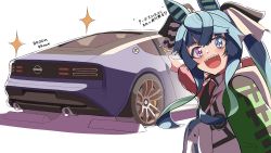 Rule 34 | 1girl, absurdres, animal ears, blue eyes, blush, car, commentary, english commentary, heterochromia, highres, hood, hood down, hoodie, horse ears, horse girl, long hair, long sleeves, motor vehicle, name connection, nissan, nissan fairlady, nissan fairlady z, nissan z (rz34), notice lines, nsb36046 (na), object namesake, open mouth, pointing, purple eyes, sharp teeth, sidelocks, smile, solo, sound effects, sparkle, sports car, stuffed animal, stuffed rabbit, stuffed toy, teeth, translation request, twin turbo (umamusume), twintails, umamusume, upper teeth only, vehicle focus
