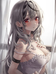 Rule 34 | 1girl, aibek, arm strap, bad id, bad twitter id, bare shoulders, black choker, braid, breasts, camisole, choker, cleavage, ear piercing, earrings, frilled shirt, frills, gradient background, grey hair, hand on own chest, heart, highres, hololive, jewelry, large breasts, long hair, looking at viewer, multicolored hair, nail polish, parted lips, piercing, red eyes, sakamata chloe, shirt, sleeveless, sleeveless shirt, solo, spaghetti strap, strap slip, streaked hair, upper body, virtual youtuber, wet, white background, white shirt