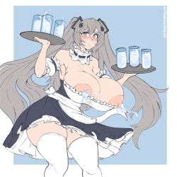 Rule 34 | 1girl, alternate breast size, azur lane, bare shoulders, blue eyes, blush, breasts, cup, detached collar, detached sleeves, drinking glass, grey hair, hair between eyes, hair ornament, highres, holding, holding tray, huge breasts, intrepid (azur lane), kittenboogers, lactation, long hair, maid, milk, nipples, simple background, thighhighs, thighs, tray, white thighhighs