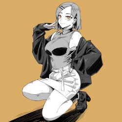 1girl black_jacket casual cursed_energy_(jujutsu_kaisen) fashion hair_pulled_back highres hood hoodie jacket jujutsu_kaisen kokoro_no_koibito kugisaki_nobara miniskirt orange_eyes red_hoodie self-upload short_hair sitting skirt smile