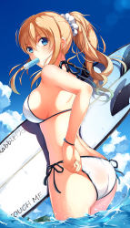 Rule 34 | 1girl, adjusting clothes, adjusting swimsuit, ass, bikini, blonde hair, blue eyes, breasts, cloud, day, english text, food, highres, large breasts, liu guniang, long hair, mouth hold, original, outdoors, ponytail, popsicle, scrunchie, side-tie bikini bottom, sideboob, sky, solo, summer, surfboard, swimsuit, water, wristband