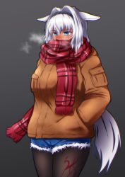 Rule 34 | 1girl, absurdres, animal ears, blue eyes, caenis (fate), coat, cold, dark-skinned female, dark skin, denim, denim shorts, fate/grand order, fate (series), hands in pockets, highres, long hair, pantyhose, scarf, shorts, solo, sotomichi, white hair, winter clothes, winter coat