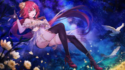 Rule 34 | 1girl, ;d, ahadow, baisi shaonian, bare shoulders, bird, dress, field, flower, flower field, frilled dress, frilled shirt, frills, galaxy, green eyes, hair flower, hair ornament, hand on own chest, high heels, highres, leaf, long hair, milky way, mountain, night, night sky, one eye closed, open mouth, original, parrot, petals, red hair, see-through, see-through dress, shirt, sky, smile, star (sky), starry sky, strappy heels, thigh strap, thighhighs, tree, v, very long hair, virtual youtuber, yellow flower