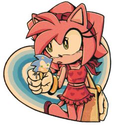 Rule 34 | 1girl, alternate costume, amy rose, animal ears, animal nose, bag, bikini, bikini skirt, bracelet, candycatstuffs, commentary, english commentary, food, frilled bikini, frills, furry, furry female, gloves, green eyes, hairband, heart, heart in eye, heart print, highres, holding food, holding popsicle, jewelry, popsicle, print bikini, red bikini, simple background, solo, sonic (series), sonic the hedgehog, swimsuit, symbol in eye, tail, tongue, tongue out, transparent background, white gloves