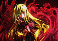 Rule 34 | 1girl, blonde hair, blood, bygddd5, fire, green eyes, highres, long hair, long sleeves, lyrical nanoha, mahou shoujo lyrical nanoha, mahou shoujo lyrical nanoha a&#039;s, mahou shoujo lyrical nanoha a&#039;s portable: the gears of destiny, midriff, navel, outstretched hand, solo, tears, yuri eberwein, very long hair, wide sleeves, wink