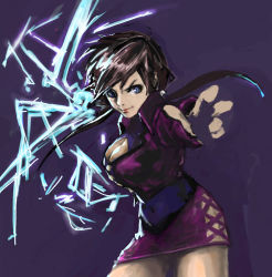 Rule 34 | 1girl, blue eyes, breasts, brown hair, cleavage, cleavage cutout, clothing cutout, cropped jacket, electricity, female focus, hair lift, jun (revikain), large breasts, leotard, long hair, miniskirt, shermie (kof), simple background, skirt, solo, split ponytail, the king of fighters