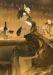 Rule 34 | 1girl, 3pel1, alcohol, alternate costume, animal ears, arknights, backless dress, backless outfit, bare arms, bare back, bare shoulders, black dress, black hair, bottle, commentary request, cup, dress, drinking glass, flower, highres, indoors, long hair, looking at viewer, penance (arknights), rose, sitting, sleeveless, sleeveless dress, solo, tail, very long hair, weighing scale, white flower, white rose, wine, wine glass, wolf ears, wolf tail