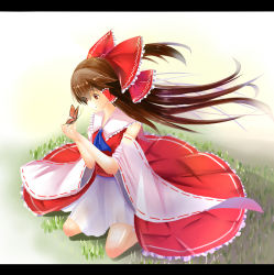 Rule 34 | 1girl, ascot, bow, brown hair, bug, butterfly, butterfly on hand, detached sleeves, grass, hair bow, hair tubes, hakurei reimu, highres, bug, letterboxed, long hair, looking at another, outdoors, ribbon-trimmed sleeves, ribbon trim, sitting, skirt, skirt set, smile, solo, touhou, wariza, wind, youzi (tobychan367549)