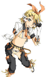 Rule 34 | 1girl, blonde hair, blue eyes, bra, crotchless, crotchless pants, flat chest, gloves, hair ornament, hair ribbon, hairclip, headphones, headset, kagamine rin, kasetsu 03, lingerie, midriff, navel, open mouth, panties, pants, ribbon, short hair, simple background, smile, solo, underwear, v, vocaloid