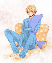 Rule 34 | 10s, 1boy, barefoot, blonde hair, blue eyes, dolphin, full body, gradient background, keith goodman, male focus, messy hair, pajamas, pillow, short hair, solo, souma (stippie), striped, stuffed animal, stuffed dolphin, stuffed toy, tiger &amp; bunny, vertical stripes, white background