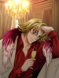 Rule 34 | 1boy, arbitro, blonde hair, blue eyes, clothes, couch, drink, fur, glass, indoors, male focus, mask, ringo101, shirt, short hair, smile, solo, togainu no chi