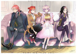 1boy 3girls alternate_costume alternate_hairstyle animal_print belt belt_buckle black_gloves black_jacket black_pants black_pantyhose black_vest brown_hair buckle collared_shirt command_spell couch crossed_legs dress dress_pants dress_shoes english_text fate/grand_order fate_(series) fishnets forehead formal fujimaru_ritsuka_(female) fur_trim gloves green_eyes hair_ornament hairpin half_gloves high_heels jacket jacket_on_shoulders leonardo_da_vinci_(fate) long_hair long_sleeves looking_at_viewer low_ponytail mash_kyrielight medium_hair multiple_girls necktie orange_eyes orange_hair pants pantyhose parted_bangs pom_pom_(clothes) pom_pom_hair_ornament purple_eyes purple_hair red_footwear romani_archaman shirt short_hair signature sitting smile suit tiger_print tiger_stripes vest wani_(mezo) white_dress white_gloves