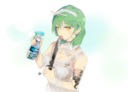 Rule 34 | 1girl, blush, bracelet, breast tattoo, breasts, choker, cleavage, collarbone, commentary request, detached collar, dress, earrings, flower, green hair, hair flower, hair ornament, hands up, headband, hikage (senran kagura), holding, holding knife, holding weapon, jewelry, knife, large breasts, official art, senran kagura, short hair, signature, slit pupils, tattoo, tongue, tongue out, upper body, weapon, white dress, yaegashi nan, yellow eyes