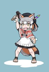 Rule 34 | 1girl, animal ears, blue background, cape, dress, extra ears, fox ears, fox girl, fox tail, gloves, gravi pig4891, grey hair, hat, hat feather, highres, island fox (kemono friends), kemono friends, kemono friends v project, long hair, looking at viewer, multicolored hair, orange hair, ribbon, sandals, simple background, solo, sundress, tail, two-tone hair, virtual youtuber, yellow eyes