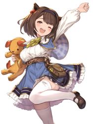 Rule 34 | 10s, 1girl, arm up, belt, blue skirt, blush, breasts, brown eyes, brown hair, capelet, draph, eyebrows, frilled skirt, frills, granblue fantasy, hairband, horns, long sleeves, looking at viewer, mary janes, one eye closed, oppai loli, outstretched arm, plaid, pouch, puffy long sleeves, puffy sleeves, shoes, simple background, skirt, smile, solo, stuffed animal, stuffed toy, teddy bear, teeth, thighhighs, u jie, white background, white thighhighs, yaia (granblue fantasy)