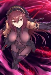 Rule 34 | 1girl, armor, bodysuit, breasts, cleavage, collarbone, commentary, covered erect nipples, crimecrime, dark background, fate/grand order, fate (series), gae bolg (fate), highres, holding, holding weapon, impossible bodysuit, impossible clothes, large breasts, leotard, long hair, looking at viewer, pauldrons, polearm, purple bodysuit, purple hair, purple leotard, red eyes, scathach (fate), shoulder armor, solo, spear, weapon