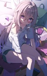 Rule 34 | 1girl, absurdres, alternate costume, closed mouth, commentary, dolphin shorts, earphones removed, glasses, gloves, green bag, green shorts, grey hair, hands under legs, highres, hololive, hololive english, indoors, koseki bijou, long hair, looking at viewer, maeru, nintendo switch, off shoulder, pillow, purple eyes, round eyewear, shirt, short sleeves, shorts, single bare shoulder, sitting, socks, solo, symbol-only commentary, thighs, unworn gloves, virtual youtuber, white shirt, white socks