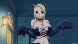 Rule 34 | 1girl, animal ears, bell, neck bell, black gloves, blonde hair, breasts, brown eyes, cat ears, cat tail, cleavage, collar, elbow gloves, fairy tail, gloves, large breasts, lucy heartfilia, open mouth, paw gloves, tagme, tail