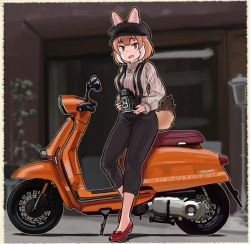 Rule 34 | 1girl, animal ears, black hat, black pants, bow, cabbie hat, camera, capri pants, casual, commentary request, dhole (kemono friends), dog ears, dog girl, dog tail, ears through headwear, footwear bow, hat, high heels, highres, jewelry, kemono friends, kemono friends 3, light brown hair, long sleeves, motor vehicle, multicolored hair, necklace, official alternate costume, pants, red bow, red footwear, scooter, shirt, short hair, solo, striped clothes, striped shirt, suspenders, tail, toriny, turtleneck, two-tone hair, vespa, white hair