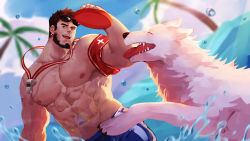 Rule 34 | 1boy, abs, absurdres, armband, artist name, bara, bare pectorals, beard, blue male swimwear, blue sky, blue swim trunks, blurry, blurry background, brown eyes, brown hair, character name, day, earrings, eyewear on head, facial hair, guoguo, highres, jewelry, large pectorals, lens flare, lifeguard, looking at viewer, male swimwear, muscular, muscular male, nipples, open mouth, outdoors, palm tree, pectorals, sky, splashing, sunglasses, swim trunks, swimsuit, tree, wangzhe rongyao, whistle, wolf