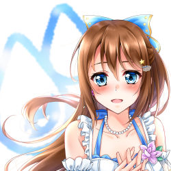 Rule 34 | 1girl, anata no risou no heroine, aqua bow, aqua eyes, arm garter, arm ribbon, artist name, artist request, bare shoulders, blue bow, blue eyes, blush, bow, bracelet, breasts, brown hair, cleavage, close-up, collarbone, cross-laced clothes, cross-laced dress, dress, dress bow, drop earrings, earrings, female focus, fingers together, floating hair, flower, flower bracelet, frilled dress, frills, hair between eyes, hair bow, hair ornament, hairclip, half updo, halter dress, halterneck, jewelry, long hair, looking at viewer, love live!, love live! nijigasaki high school idol club, love live! school idol festival, necklace, osaka shizuku, own hands together, parted lips, pearl bracelet, pearl hair ornament, pearl necklace, pink flower, pink rose, plaid, plaid dress, pleated, pleated dress, ponytail, purple flower, purple rose, ribbon, rose, short sleeves, skirt, small breasts, smile, solo, star (symbol), star hair ornament, striped, upper body, white background, white bow, white dress, white ribbon, wrist ribbon