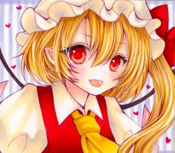 Rule 34 | ascot, blonde hair, bow, collared shirt, crystal, fang, flandre scarlet, hair between eyes, hat, hat bow, heart, highres, looking at viewer, medium hair, mob cap, one side up, open mouth, pointy ears, portrait, puffy short sleeves, puffy sleeves, red bow, red eyes, red vest, shikishi, shirt, short sleeves, skin fang, touhou, traditional media, vest, white shirt, wings, yellow ascot, yuuki hana (jtnp5334)