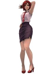 Rule 34 | 1girl, 6maker, fingerless gloves, gloves, high heels, highres, lipstick, makeup, matching hair/eyes, mature female, necktie, one eye closed, pencil skirt, red eyes, red hair, simple background, skirt, smile, snk, solo, the king of fighters, the king of fighters xv, vanessa (kof), white background, wink