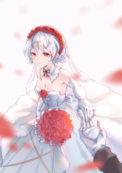 Rule 34 | 1boy, 1girl, absurdres, bare shoulders, blurry, blurry foreground, bouquet, braid, breasts, bridal veil, captain (honkai impact), cleavage, closed mouth, dress, elbow gloves, faaallen, flower, gloves, hair between eyes, hair flower, hair ornament, highres, holding, holding bouquet, honkai (series), honkai impact 3rd, looking at viewer, petals, red eyes, red flower, red rose, rose, sleeveless, sleeveless dress, smile, theresa apocalypse, theresa apocalypse (luna kindred), veil, wedding dress, white background, white dress, white gloves, white hair