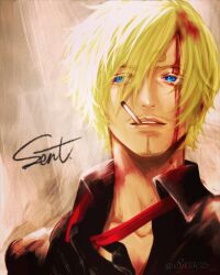 Rule 34 | 1boy, black gloves, blonde hair, blood, blood in hair, blood on face, blue eyes, cigarette, commentary request, eyes visible through hair, facial hair, formal, gloves, goatee, highres, male focus, necktie, one piece, open mouth, red necktie, sanji (one piece), short hair, signature, sj0302, solo, suit, teeth
