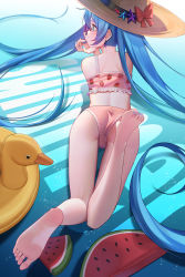 Rule 34 | 1girl, absurdres, aqua eyes, ass, bare shoulders, bikini, blue hair, blue nails, bow, brown hat, commentary, earrings, english commentary, english text, feet, feet up, food print, from behind, full body, glasses, hair between eyes, hand on own chin, hat, hat bow, hat ornament, hatsune miku, head rest, highres, huge filesize, inflatable duck, inflatable toy, jewelry, legs, long hair, looking to the side, lying, nail polish, on stomach, pink bikini, print bikini, red bow, soles, solo, star (symbol), star earrings, star hat ornament, strawberry print, sun hat, swimsuit, toenail polish, toenails, toes, twintails, very long hair, vocaloid, xingchee