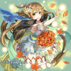 Rule 34 | 1girl, aqua background, arm up, bird, blush, breasts, bridal gauntlets, capelet, commentary, company name, copyright name, feathered wings, flower, green eyes, hair flower, hair ornament, head wings, holding, leaf, light brown hair, long hair, looking at viewer, medium breasts, naruse chisato, official art, open mouth, short sleeves, skirt, smile, solo, squirrel, tenkuu no craft fleet, wings, yellow wings