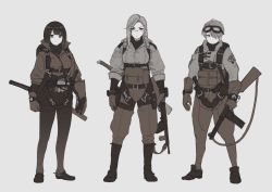 Rule 34 | 3girls, assault rifle, belt, between breasts, boots, breasts, closed mouth, coat, contrapposto, eyes visible through hair, genso, glasses, gloves, goggles, goggles on head, grey background, greyscale, gun, hair over one eye, holding, holding gun, holding weapon, limited palette, long hair, looking at viewer, military, military uniform, monochrome, multiple girls, one eye covered, original, pants, parachute, pouch, puffy sleeves, rifle, s&amp;w model 1940 light rifle, scabbard, sheath, shoes, short hair, simple background, smile, standing, strap between breasts, uniform, watch, weapon, wristwatch