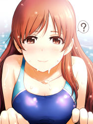 Rule 34 | 10s, 1girl, ?, bare shoulders, blush, breasts, brown eyes, brown hair, competition swimsuit, idolmaster, idolmaster cinderella girls, idolmaster cinderella girls starlight stage, long hair, looking at viewer, medium breasts, nitta minami, one-piece swimsuit, sakaki imasato, smile, solo, spoken question mark, swimsuit, upper body, wet