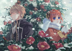 Rule 34 | 1boy, 1girl, black jacket, blue eyes, brown hair, bun cover, camellia, coat, commentary request, double bun, flower, gintama, hair bun, highres, jacket, kagura (gintama), looking to the side, mittens, okita sougo, red coat, red eyes, red flower, scarf, short hair, snowing, sophie usui, white mittens, white scarf, winter clothes