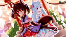 Rule 34 | 2girls, animal ears, blue eyes, blue hair, brown hair, copyright request, detached sleeves, dutch angle, female focus, fox ears, fox tail, highres, japanese clothes, light, long hair, looking at viewer, moseley, multiple girls, red eyes, short hair, tail, torii, twintails