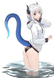 Rule 34 | 1girl, bikini, bikini bottom only, black bikini, copyright request, cowboy shot, dragon girl, dragon horns, dragon tail, hand on own neck, highres, hood, hood down, hoodie, horns, looking at viewer, medium hair, pointy ears, red eyes, ryou (ponpgo), simple background, smile, solo, swimsuit, tail, wading, water, white background, white hair, white hoodie