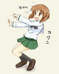 Rule 34 | 10s, black neckerchief, black socks, blouse, brown eyes, falling, girls und panzer, light brown background, light brown hair, miniskirt, neckerchief, nishizumi miho, open mouth, outstretched arms, school uniform, shirt, simple background, skirt, socks, solo, surprised, sync (id 12519877), white shirt