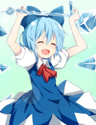 Rule 34 | 1girl, arms up, ascot, blue hair, bow, cirno, dress, closed eyes, hair bow, ice, open mouth, solo, taicho128, touhou, wings