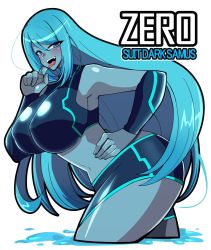 Rule 34 | blue eyes, blue hair, blue skin, blush, colored skin, dark samus, fangs, hand gesture, hand on own hip, highres, iriomote umineko, long hair, looking at viewer, metroid, nintendo, open mouth, puddle, skin tight, sportswear, thick thighs, thighs, tongue, tongue out, white background