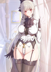 Rule 34 | 1girl, adapted costume, alternate costume, azur lane, black gloves, black thighhighs, breasts, cameltoe, closed mouth, commentary, curtains, earrings, formidable (azur lane), frills, garter belt, garter straps, gloves, groin, hair ribbon, highres, indoors, jewelry, large breasts, long hair, looking at viewer, parted lips, red eyes, revision, ribbon, shiroi ume, solo, standing, thighhighs, very long hair