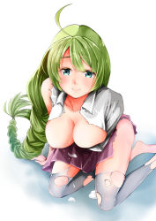 Rule 34 | 10s, 1girl, ahoge, alternate legwear, arm support, blue eyes, blush, braid, breasts, cleavage, collarbone, dress, green hair, grey thighhighs, highres, kantai collection, kneeling, large breasts, lips, long hair, looking at viewer, pleated dress, purple dress, sezok, shirt, short sleeves, smile, solo, thighhighs, torn clothes, torn thighhighs, very long hair, white shirt, yuugumo (kancolle)