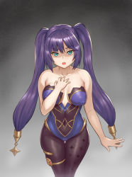 Rule 34 | 1girl, breasts, cameltoe, cleavage, cleft of venus, covered erect nipples, genshin impact, highres, leggings, leotard, medium breasts, mona (genshin impact), open mouth, purple hair, solo, twintails, zb44564344
