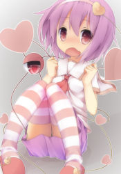 Rule 34 | 1girl, :o, blush, hassai, heart, highres, komeiji satori, pink hair, red eyes, short hair, skirt, slippers, socks, solo, striped clothes, striped socks, striped thighhighs, thighhighs, touhou, wavy mouth