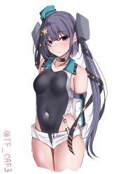 Rule 34 | 1girl, bad id, bad twitter id, bare shoulders, competition swimsuit, covered navel, cowboy shot, garrison cap, hair ornament, hat, highres, kantai collection, looking at viewer, one-piece swimsuit, purple eyes, scamp (kancolle), shorts, side ponytail, solo, star (symbol), star hair ornament, swimsuit, tf cafe, white shorts