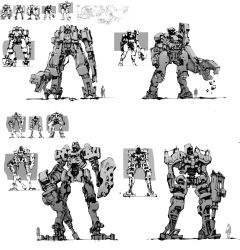 Rule 34 | claws, commentary, english commentary, greyscale, highres, holding, mecha, monochrome, no humans, olympia sweetman, original, robot, silhouette, size comparison, sketch, standing