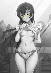 Rule 34 | 1girl, arm behind back, artist name, blush, breasts, breasts out, clothes lift, collarbone, cowboy shot, day, exhibitionism, frills, glint, grey theme, greyscale, hair ornament, hairclip, highres, jewelry, lifting own clothes, light rays, long hair, looking at viewer, love live!, monochrome, naughty face, navel, necklace, nipples, no bra, outdoors, panties, parted lips, plaid, plaid panties, public indecency, shirt, shirt lift, signature, skindentation, sleeveless, sleeveless shirt, small breasts, solo, sonoda umi, spot color, stomach, sunbeam, sunlight, underwear, unsfrau, very long hair, yellow eyes