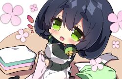 Rule 34 | 1girl, :d, apron, black hair, black sweater, blush, breasts, chibi, commentary request, flower, folded clothes, folding clothes, green eyes, hair between eyes, headphones, headphones around neck, highres, kyoumachi seika, large breasts, laundry, looking at viewer, milkpanda, notice lines, open mouth, pink flower, ribbed sweater, short eyebrows, smile, solo, sweater, thick eyebrows, voiceroid, white apron, white background