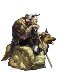 Rule 34 | 1boy, animal ears, brown robe, cane, closed mouth, dog, from side, grey hair, headpat, holding, holding cane, horns, male focus, mullmull02, old, old man, original, profile, robe, simple background, sitting, solo, twitter username, white background